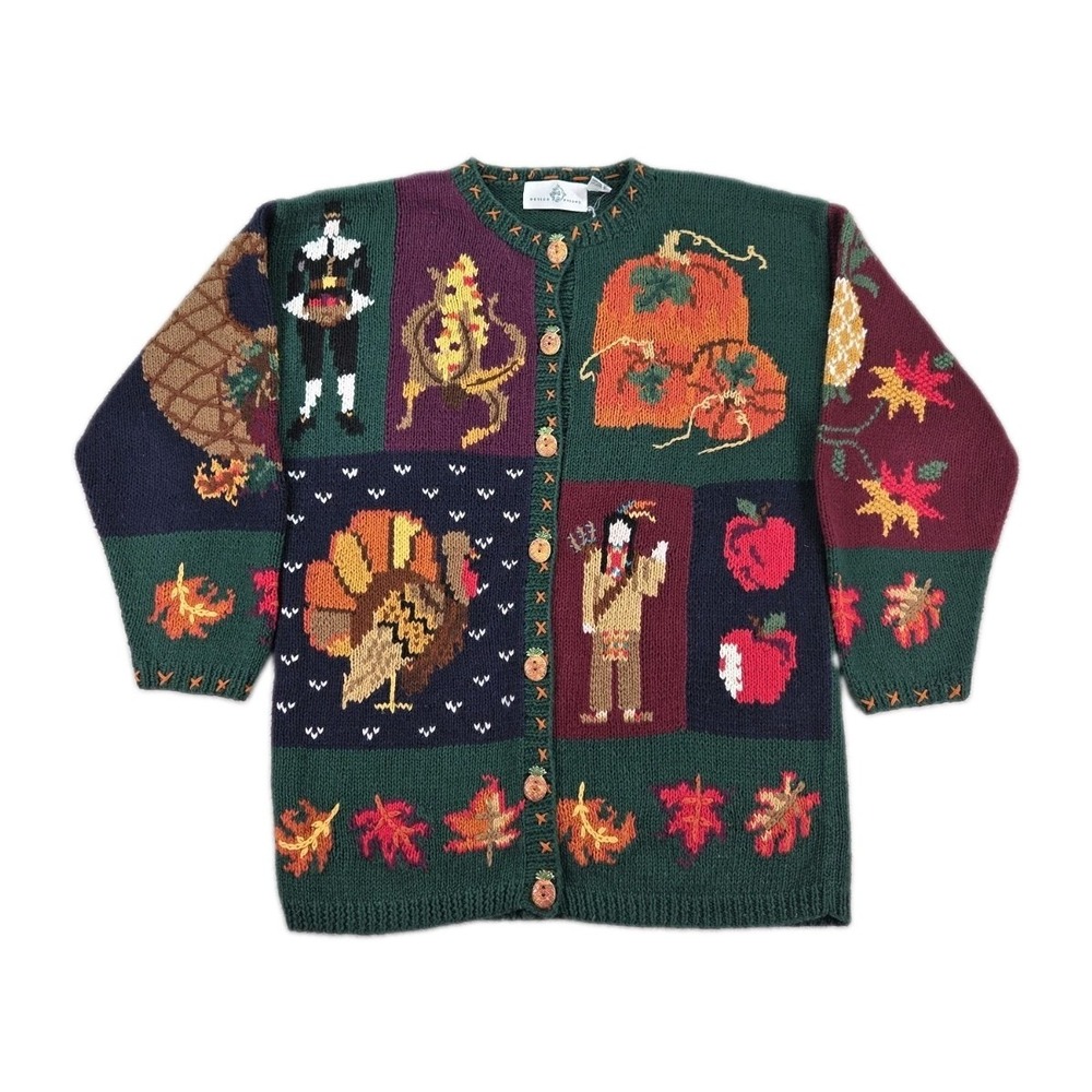 Vintage Thanksgiving Cardigan Sweater Autumn Fall Medium Oversized Turkey Leaves